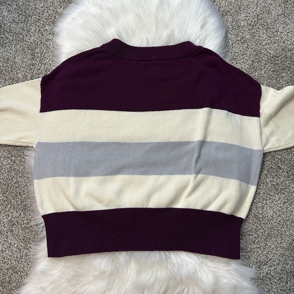 Lucky Brand Womens Sweater XXL Purple Beige Striped Crew Neck Knit - Picture 8 of 10